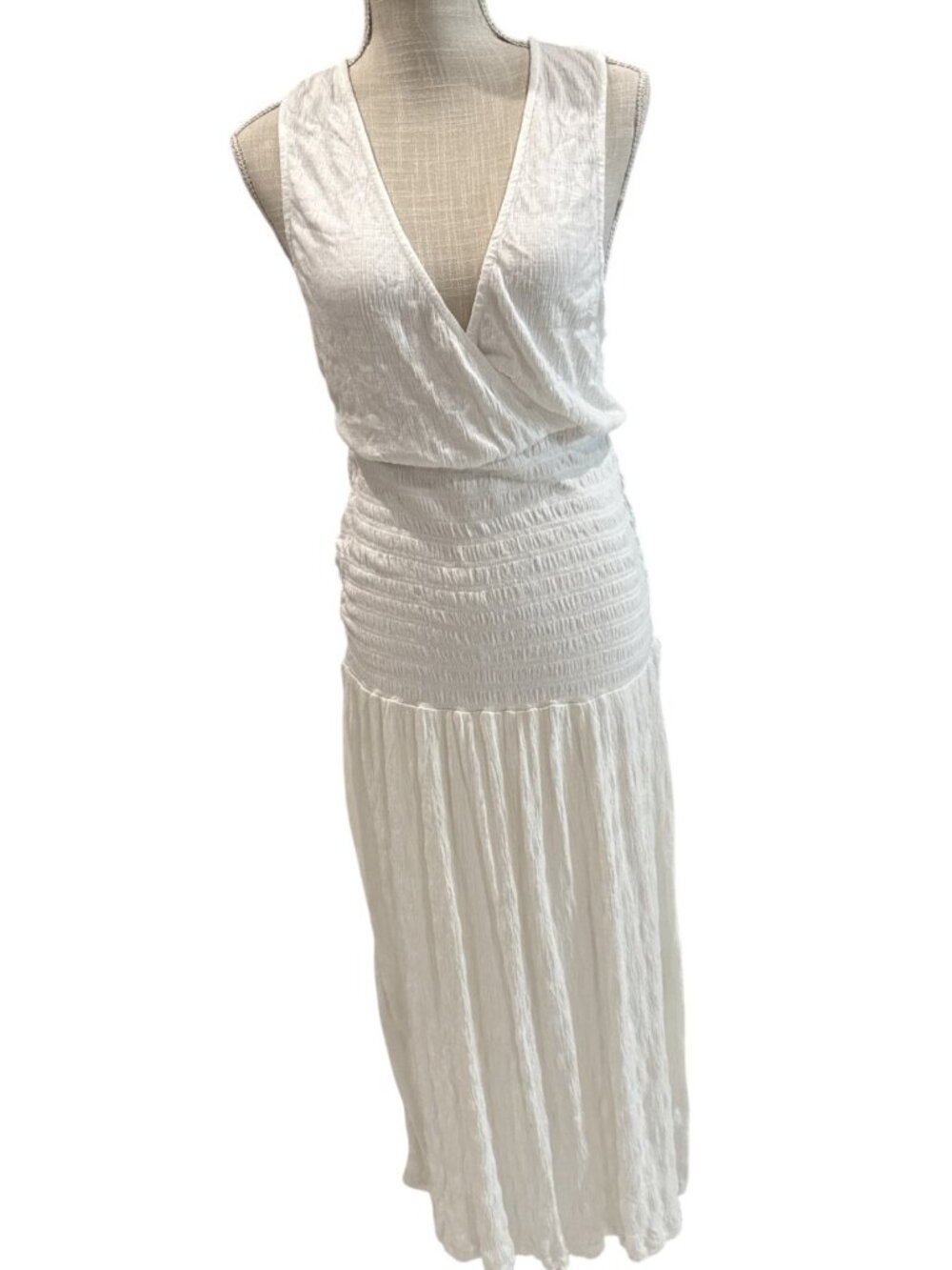 ASOS White Sleeveless Crinkled Maxi Dress With Ruched Waist & Tie Back Size 10